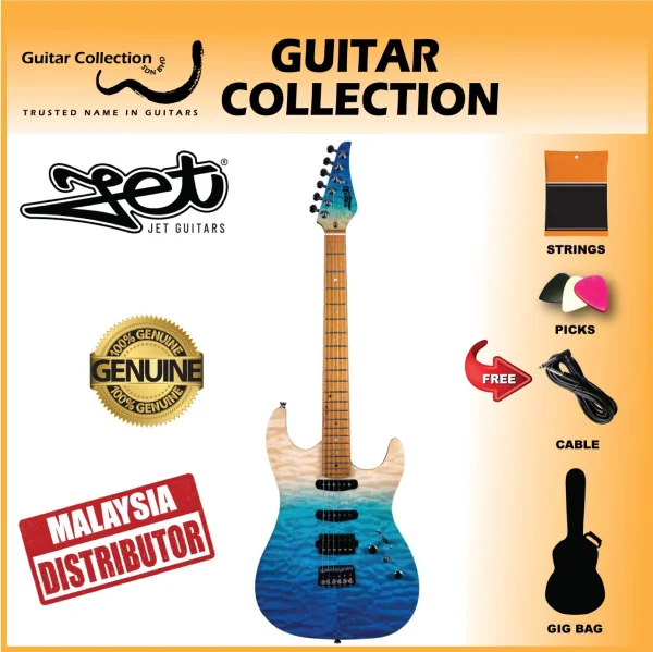 JET JS1000 QTBL Electric Guitar | HSS Modern S-Style | Transparent Blue - Image 1