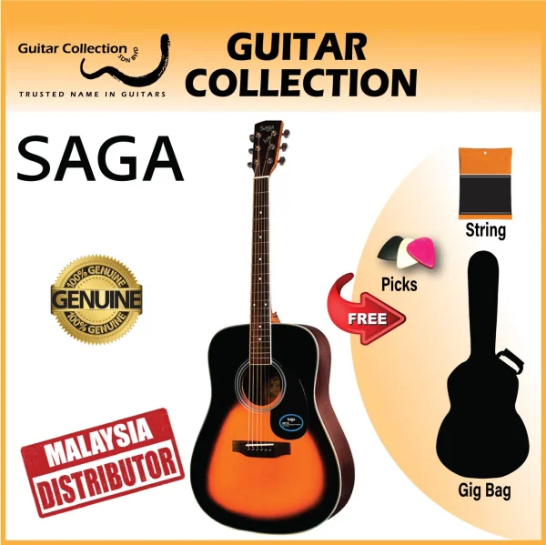 SAGA SF700SB Sunburst | Dreadnought Acoustic Guitar | Solid Spruce Top, Sapele B&S - Image 1